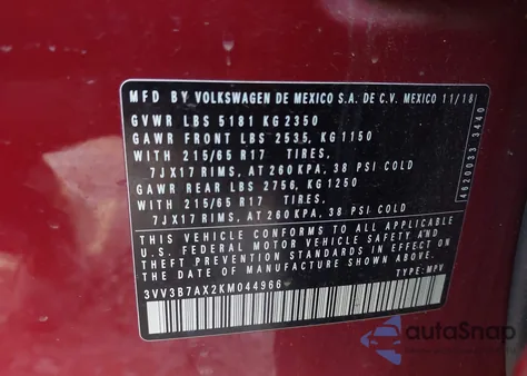 2019 Volkswagen Tiguan 2.0T Se/2.0T Sel/2.0T Sel R-Line/2.0T Sel R-Line Black из США, поврежденный, VIN 3VV3B7AX2KM044966